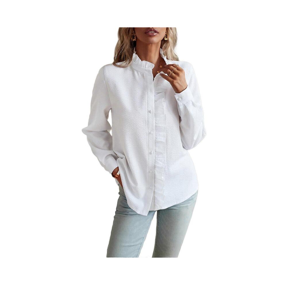 (S, White) Casual Oversized Button Down Shirts for Women Solid Color Long Sleeve Blouse Shirt Tunics Top Ruffle Collar Shirt Tops  White XL