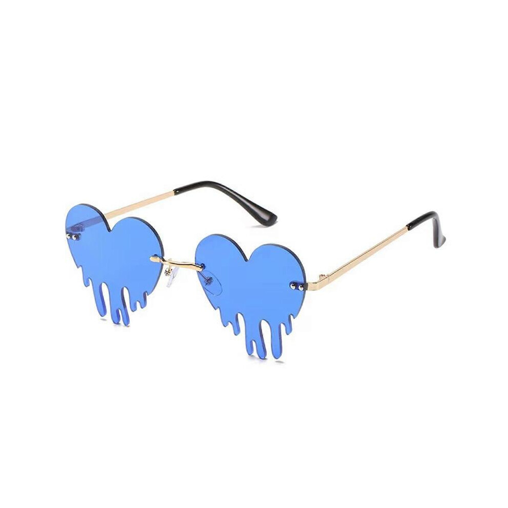 (De ep Blue) Heart Shape Dripping Sunglasses For Women And Teens Fashionable Rimless Party Glasses For Music Festival And Night Event