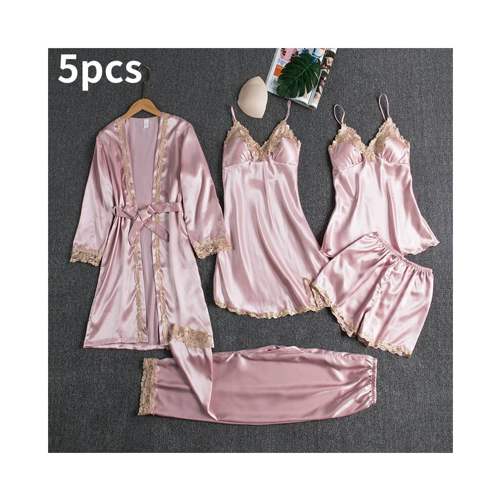(Pink,XXL)Ensemble pyjama femme dentelle satin soie 5 pièces lingerie vêtements de nuit vêtements de détente nuisette