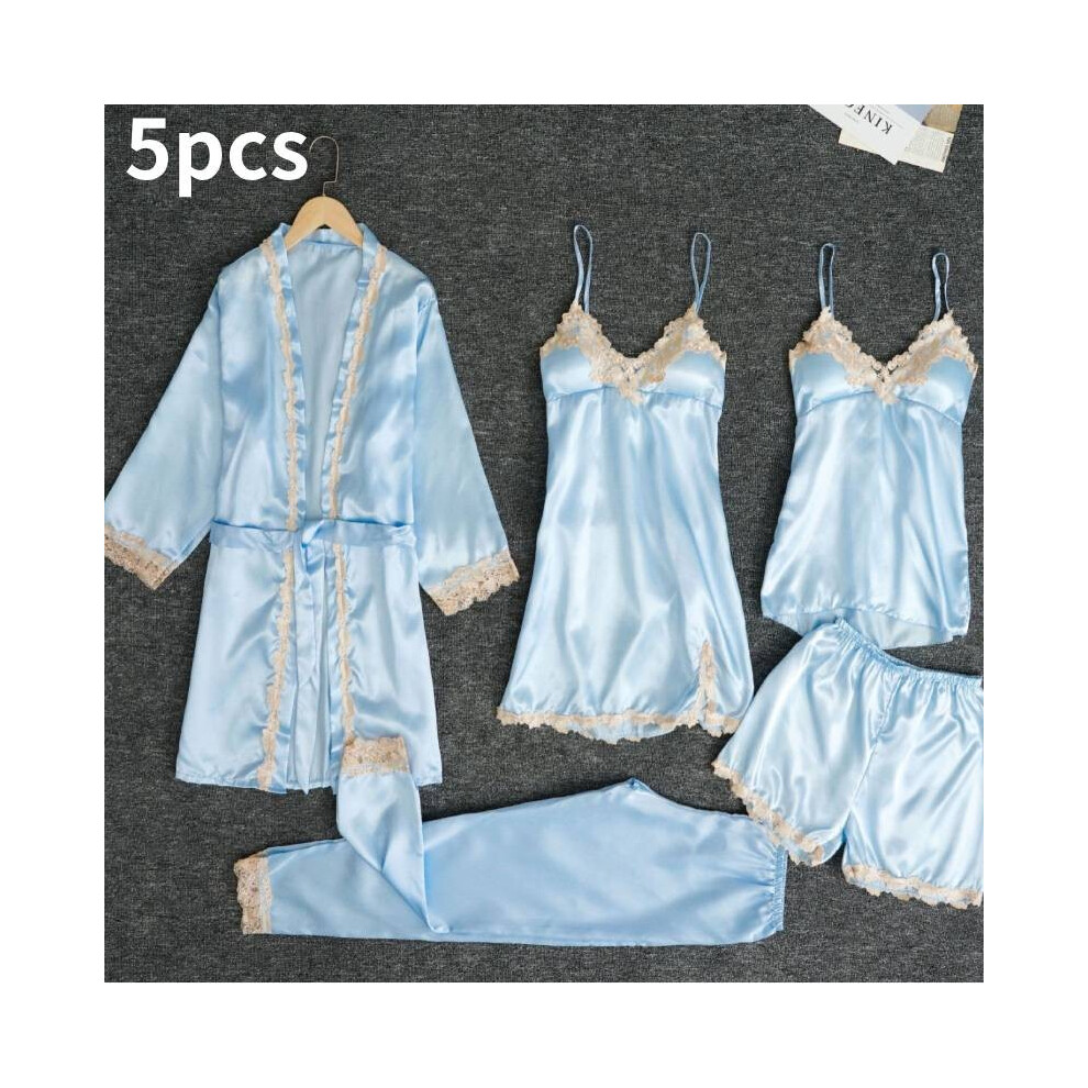 (Sky Blue,S)Ensemble pyjama femme dentelle satin soie 5 pièces lingerie vêtements de nuit vêtements de détente nuisette