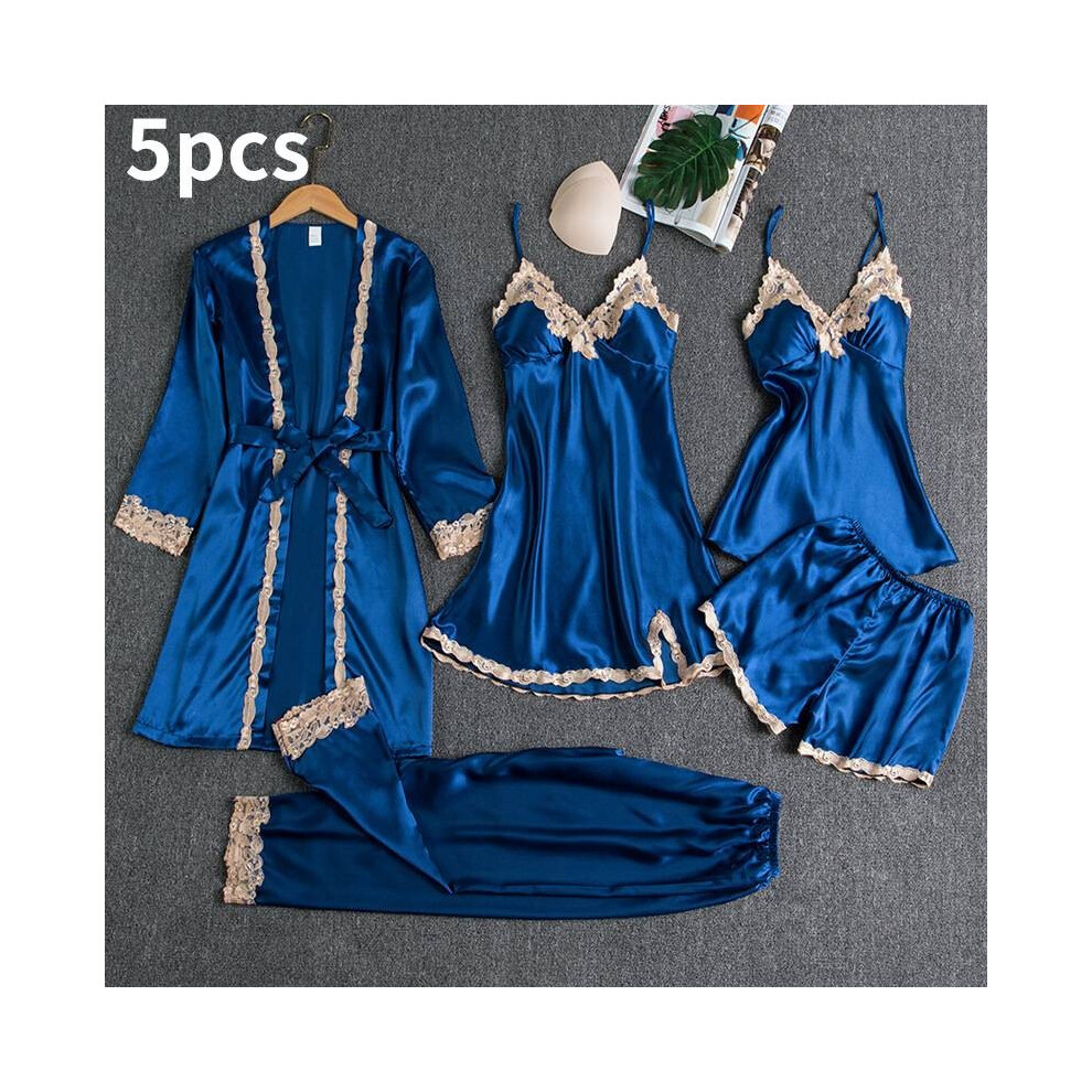 (Blue,S)Ensemble pyjama femme dentelle satin soie 5 pièces lingerie vêtements de nuit vêtements de détente nuisette