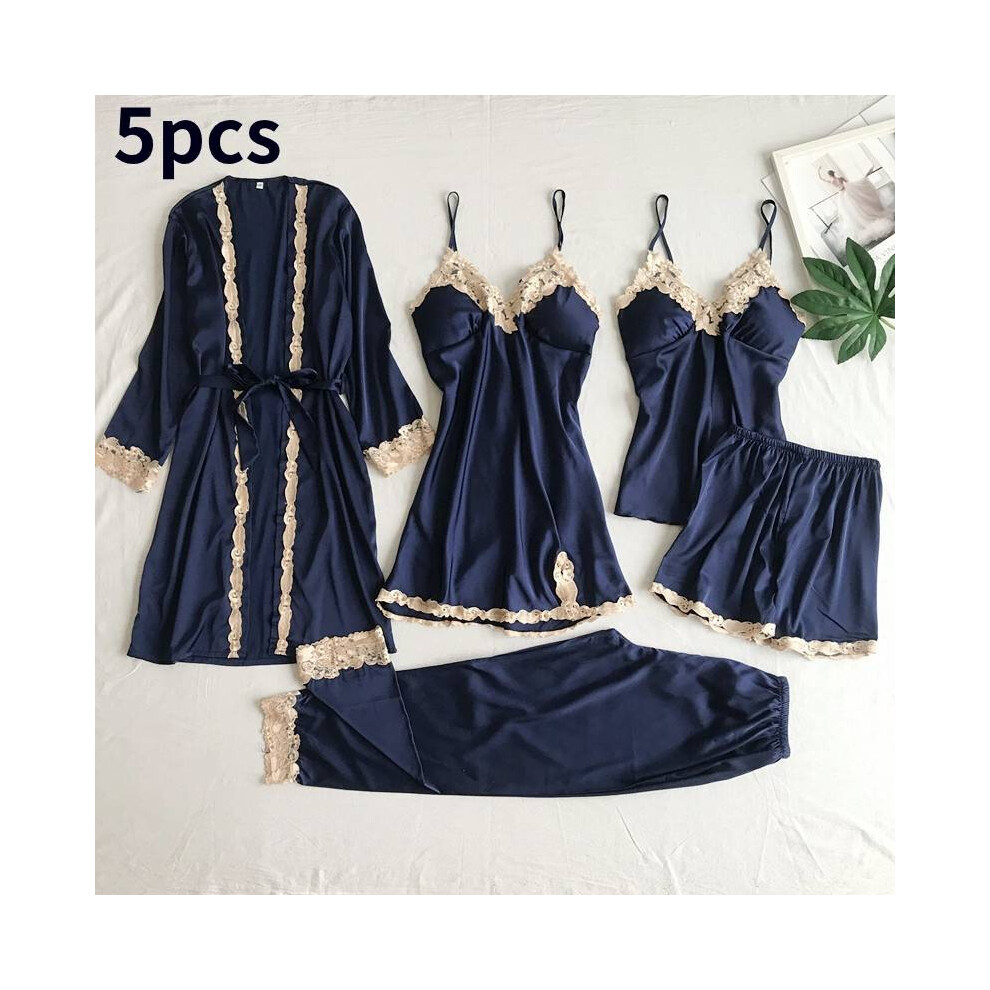 (Navy,S)Ensemble pyjama femme dentelle satin soie 5 pièces lingerie vêtements de nuit nuisette vêtements de détente