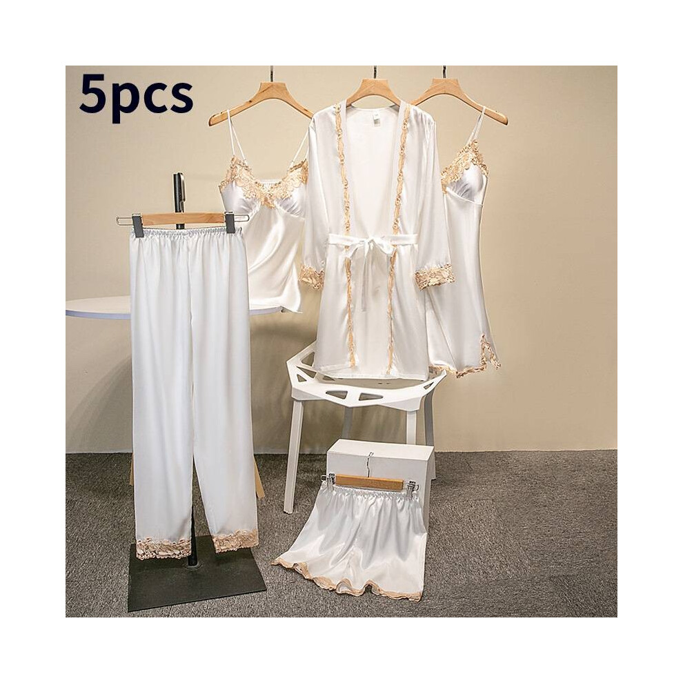 (White,L)Ensemble pyjama femme dentelle satin soie 5 pièces lingerie vêtements de nuit nuisette vêtements de détente