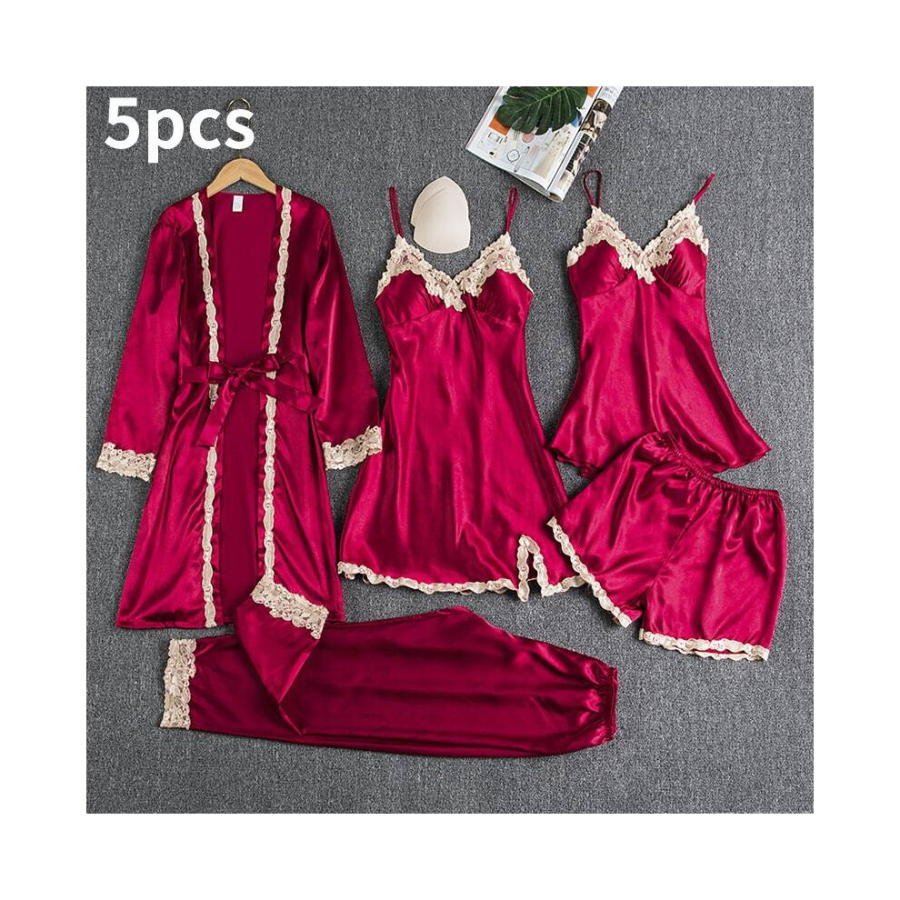 (Red Wine,L)Ensemble pyjama femme dentelle satin soie 5 pièces lingerie vêtements de nuit nuisette vêtements de détente