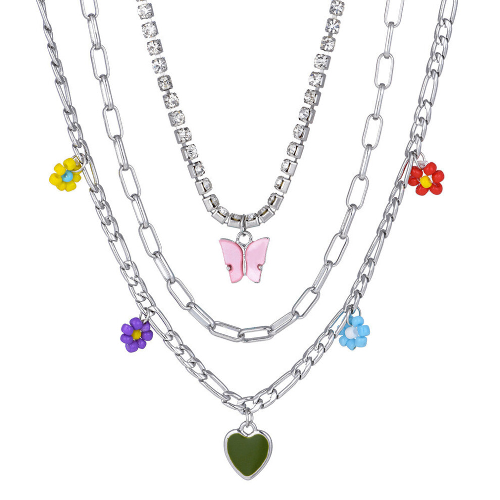 (Pink)Collier pendentif coeur et papillon unique en alliage parfait pour les femmes élégantes et les amoureux de la mode