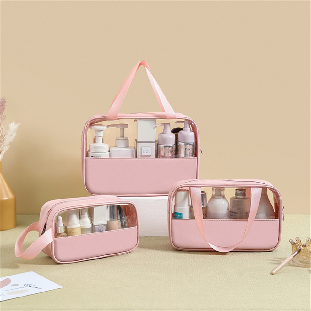 (pink) Clear Makeup Bag, Transparent Makeup Bag with Handle, Portable Cosmetic Pouch with Zipper for Flying, Traveling