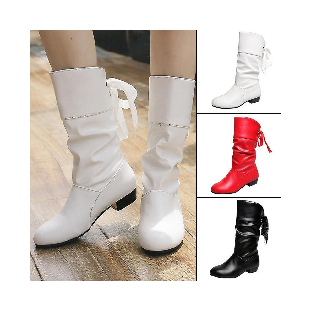 (37, White) Solid-Color Mid Heel Boots with Low Heel Breathable Ladies Girls Soft Shoes for Shopping Dating
