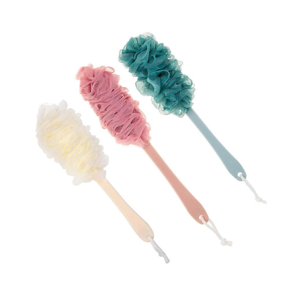 Loofah Back Scrubber for Shower,Long Handle Bath Body Brush Soft Nylon Mesh Loofah Sponge On a Stick (3Pack-Three color)