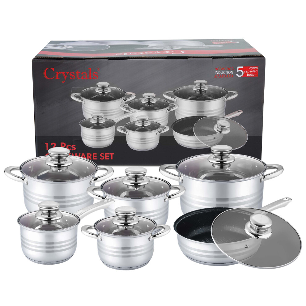 12Pcs Stainless Steel Cookware Set Casserole Stockpot Pot Hob With Glass Lids