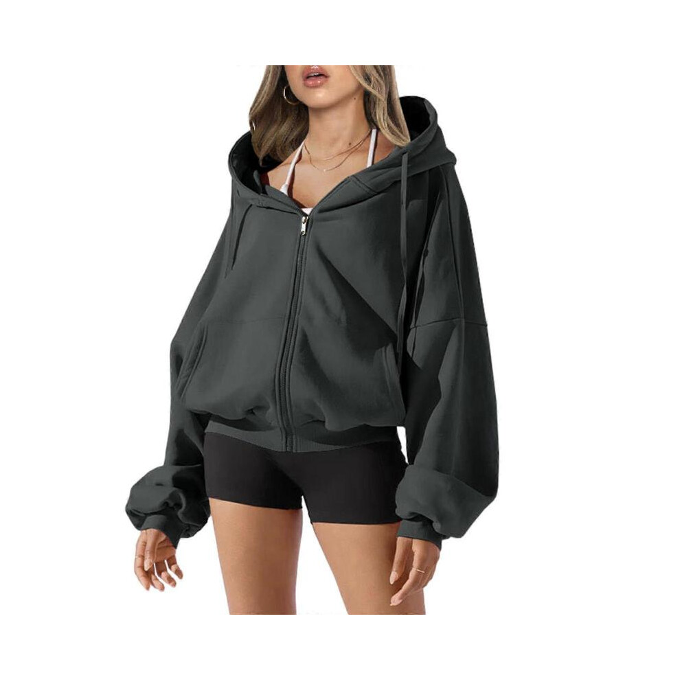 (S, Gray) Women Fleece Lined Full Zip Up Drawstring Hoodie Sweatshirt Casual Fall Long Sleeve Hooded Jacket Top with Pockets  Gray XL