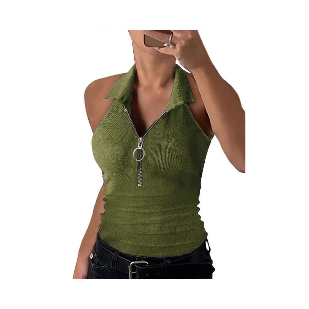 (M, Green) Women Summer Casual Slim-Fit Lapel V-Neck Sleeveless Tank Top Solid Color Half Zipper Up Ribbed Knit Blouses Shirts Vest  Claret XL