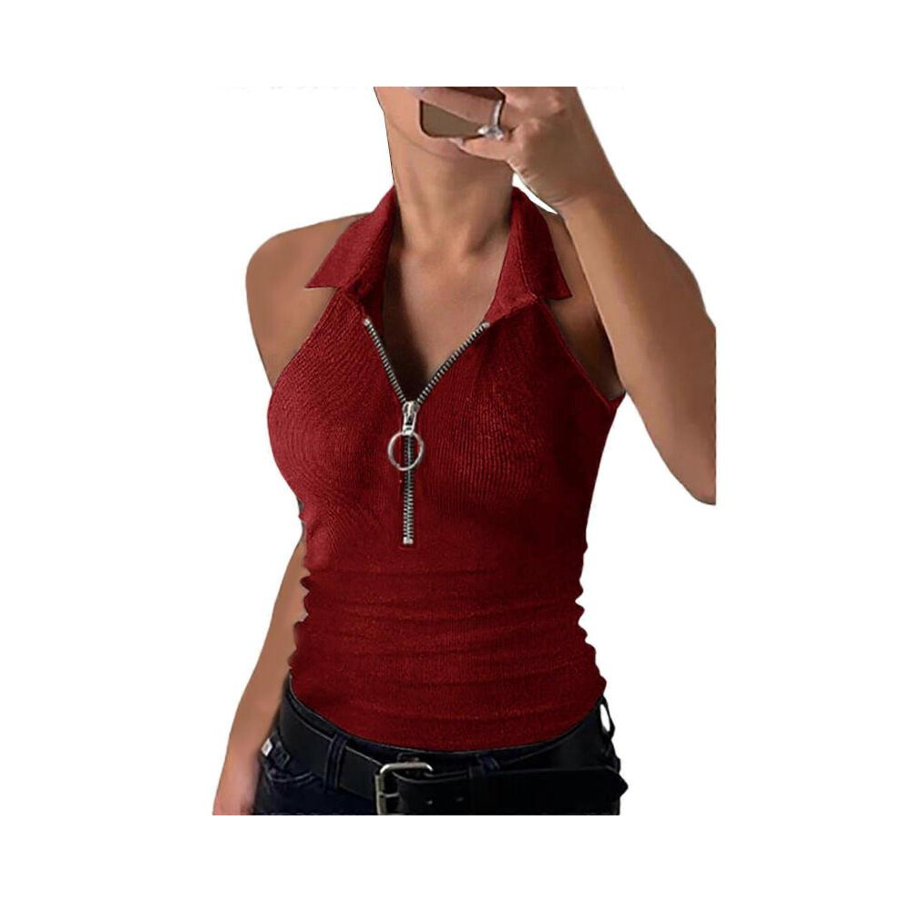 (4XL, Claret) Women Summer Casual Slim-Fit Lapel V-Neck Sleeveless Tank Top Solid Color Half Zipper Up Ribbed Knit Blouses Shirts Vest  Claret XL