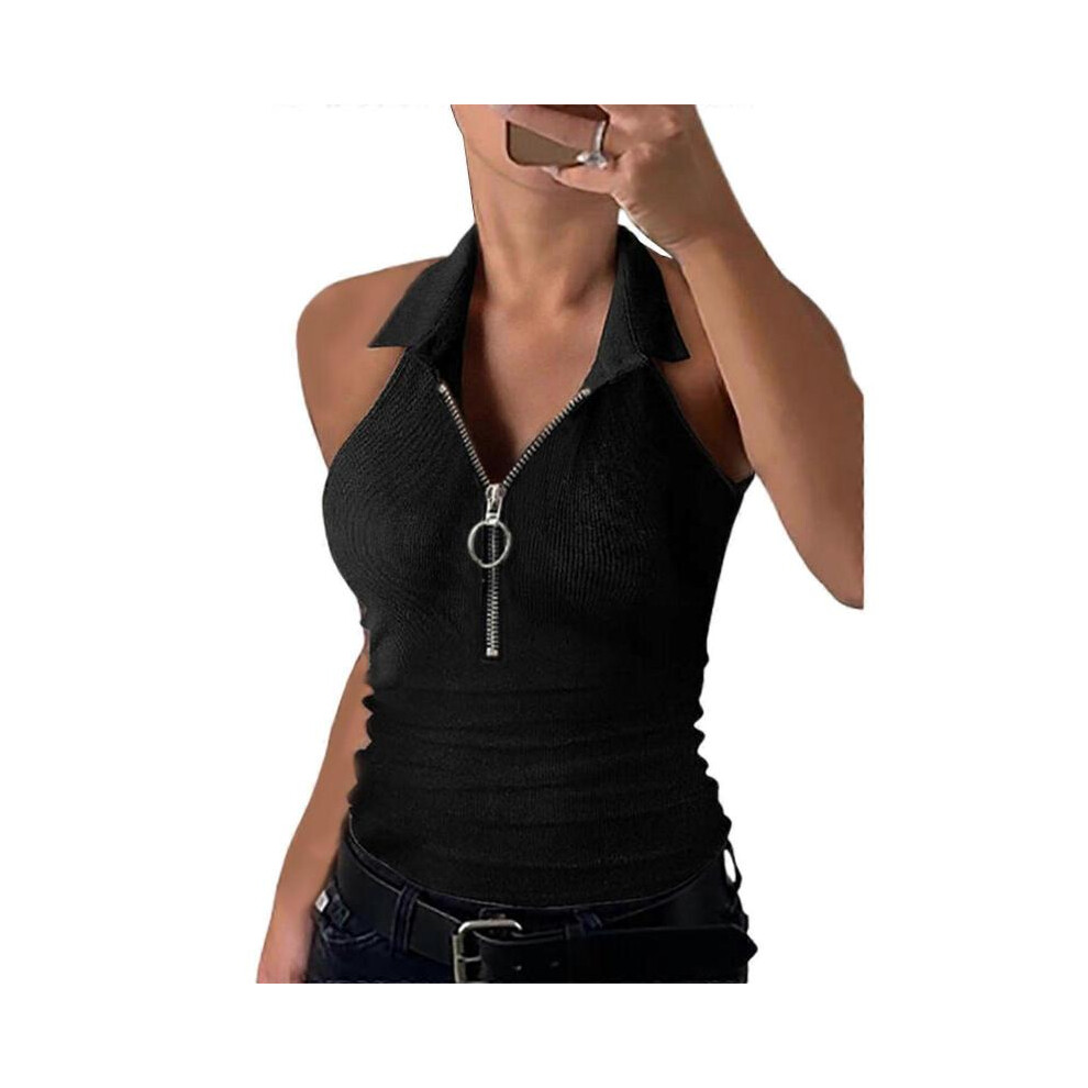 (3XL, Black) Women Summer Casual Slim-Fit Lapel V-Neck Sleeveless Tank Top Solid Color Half Zipper Up Ribbed Knit Blouses Shirts Vest  Claret XL