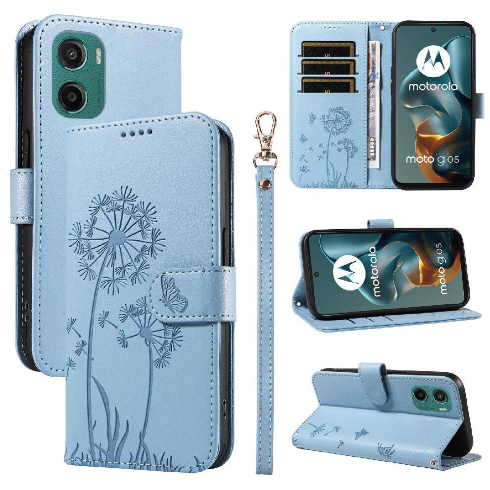(Light ) Compatible With Motorola Moto G05 Flip Case With Card Slots And Wrist Strap Dandelion Print Leather Phone Case Stylish And Protective Blue 764563393930