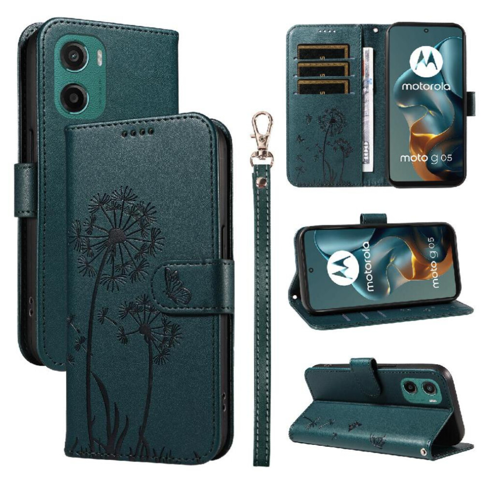 (Green) Compatible With Motorola Moto G05 Flip Case With Card Slots And Wrist Strap Dandelion Print Leather Phone Case Stylish And Protective Green 764563393916