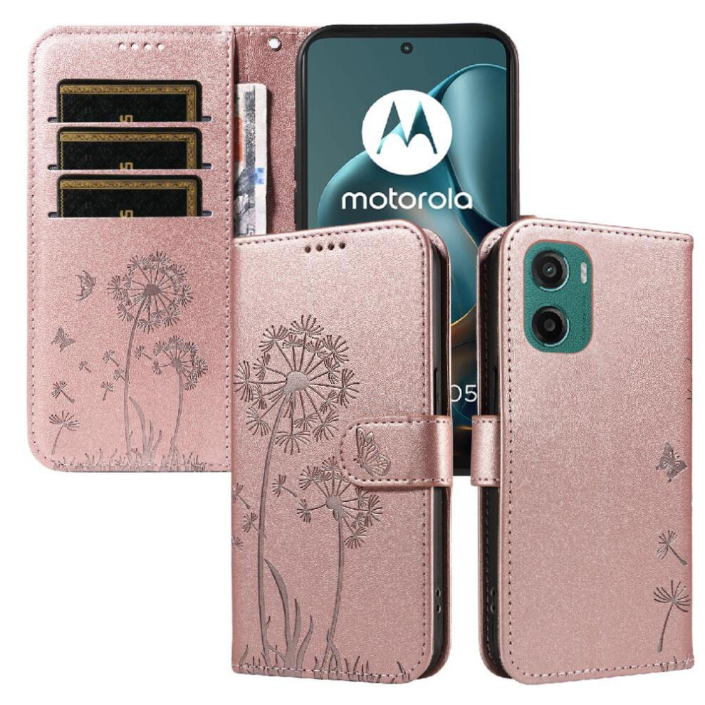 (Pink) Compatible With Motorola Moto G05 Flip Case With Card Slots And Wrist Strap Dandelion Print Leather Phone Case Stylish And Protective Pink 764563393909