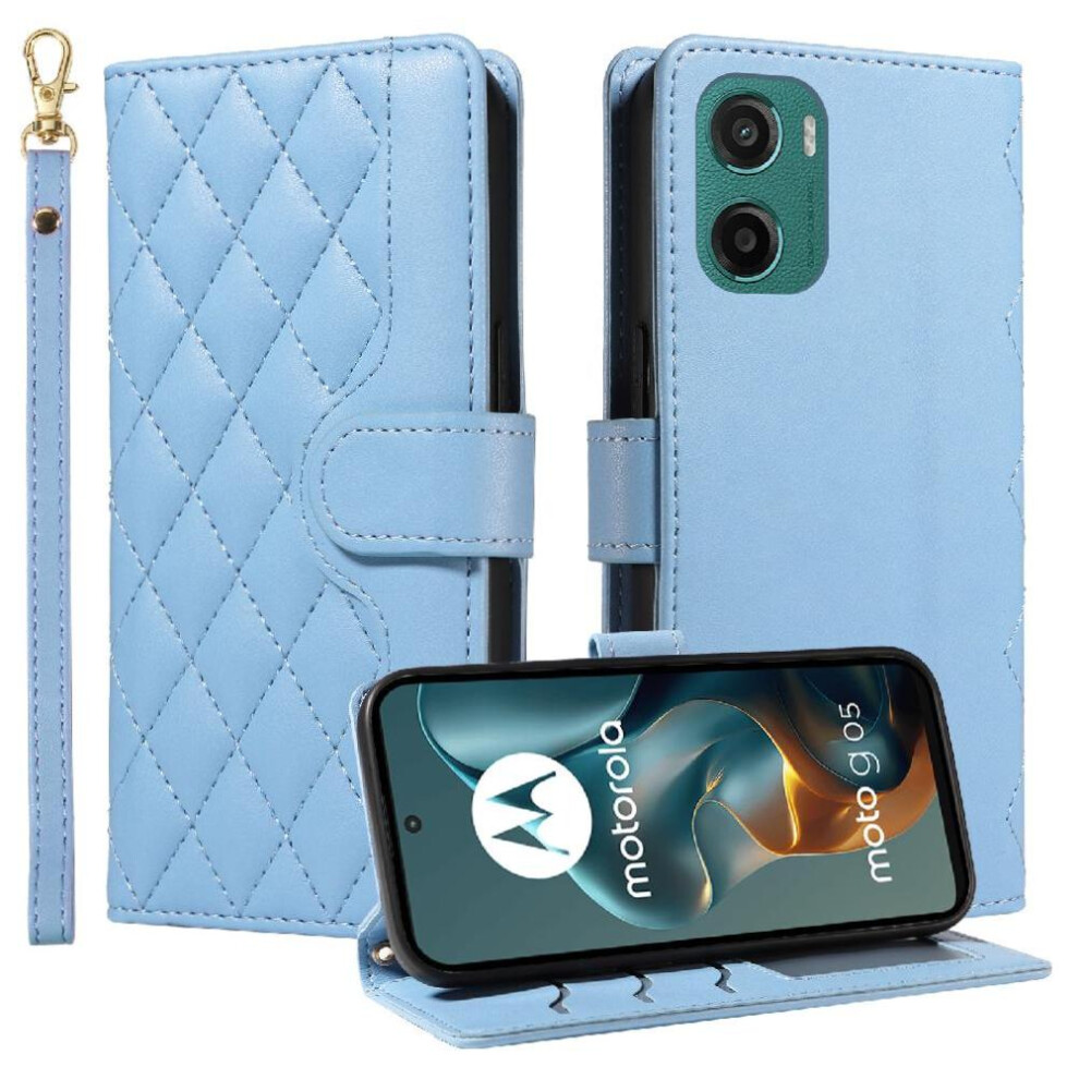 (Blue) Flip Case For Motorola Moto G05 Lattice Flip Folio Phone Case With Stand Wallet Card Slots Detachable Wrist Strap And Long Lanyard Blue 764563394159