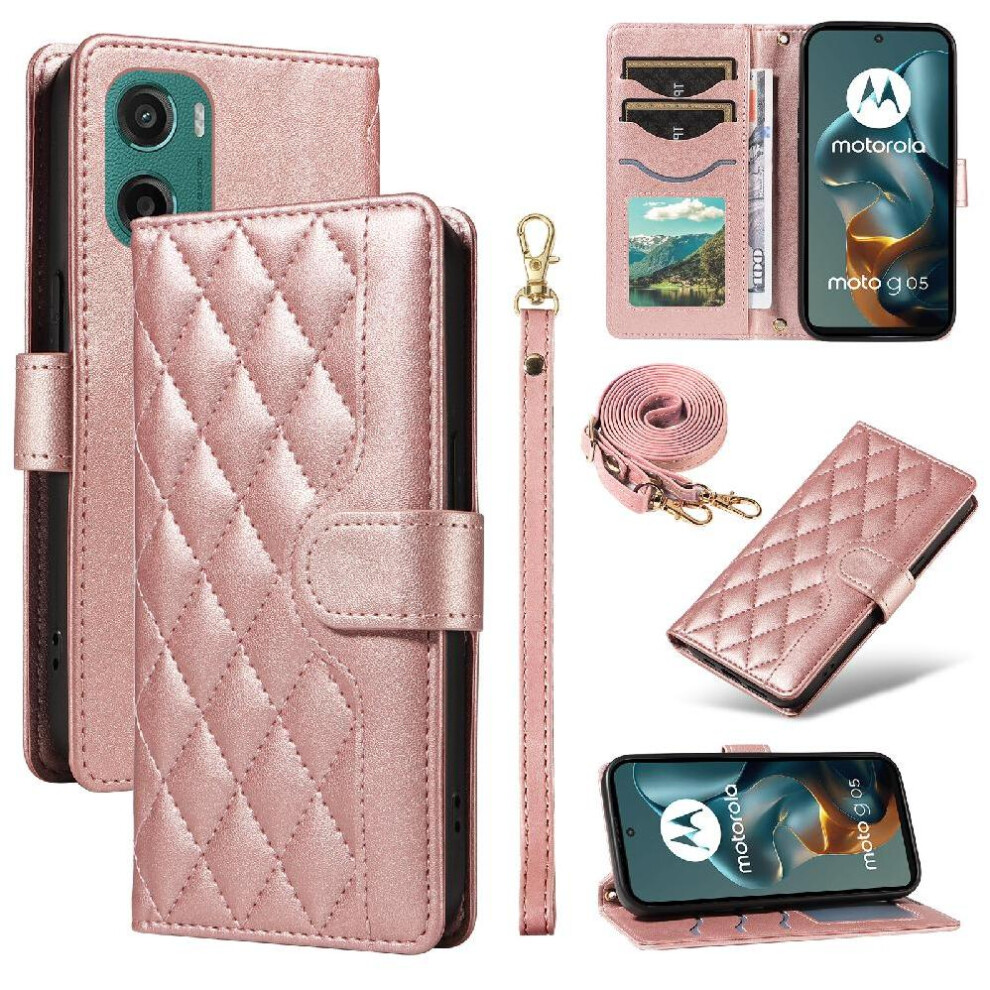 (Pink) Flip Case For Motorola Moto G05 Lattice Flip Folio Phone Case With Stand Wallet Card Slots Detachable Wrist Strap And Long Lanyard Pink 764563394104