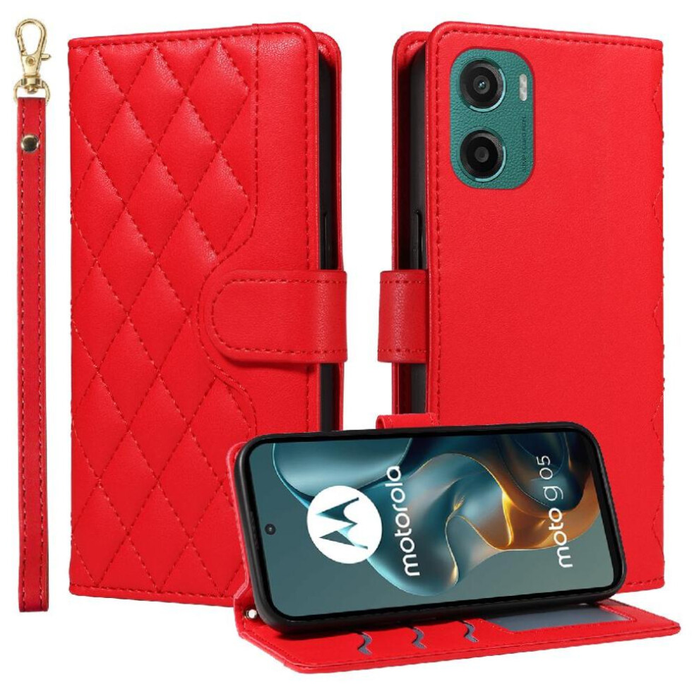 (Red) Flip Case For Motorola Moto G05 Lattice Flip Folio Phone Case With Stand Wallet Card Slots Detachable Wrist Strap And Long Lanyard Red 764563394135