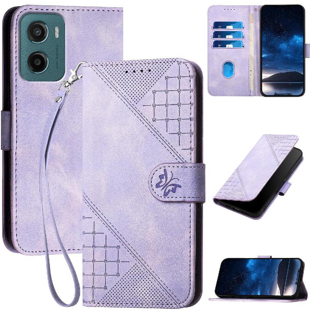 Photos - Case Flip for Motorola Moto G05 Embossed Butterfly with Detachable Hand Strap High Quality Leather Phone (Light Violet)