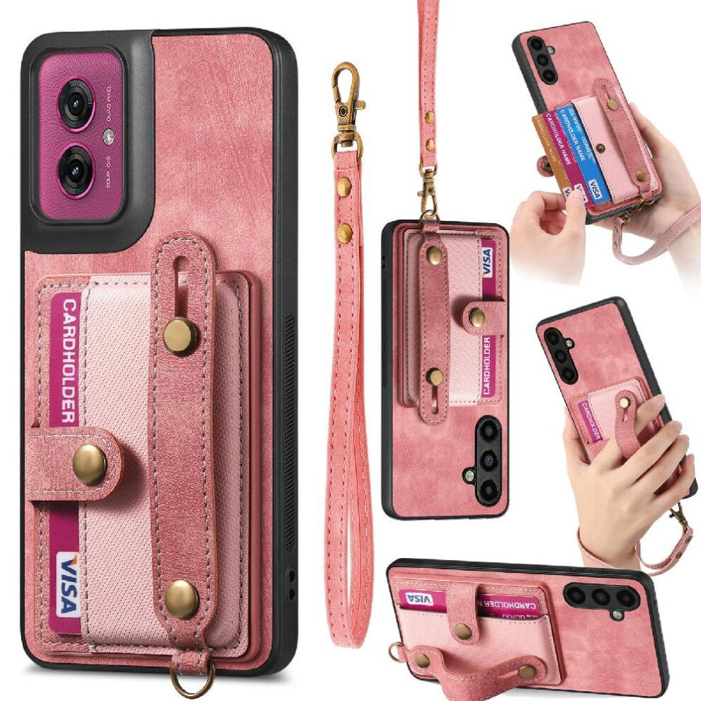 (Pink) Case For Motorola Moto G55 Wristband Strap Wallet Shockproof Pink 764563397235