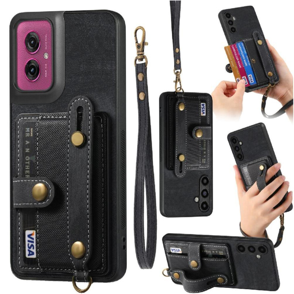 (Black) Case For Motorola Moto G55 Wristband Strap Wallet Shockproof Black 764563397266