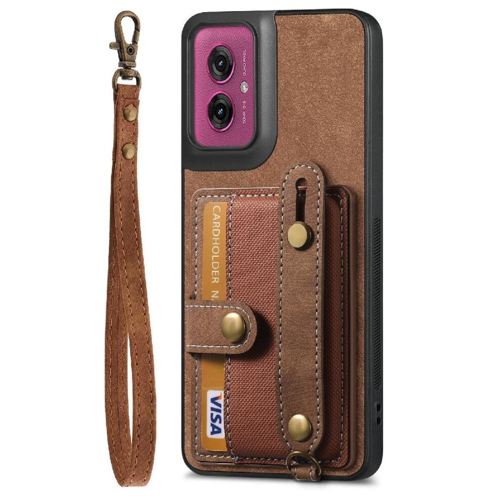 (Brown) Case For Motorola Moto G55 Wristband Strap Wallet Shockproof Brown 764563397211