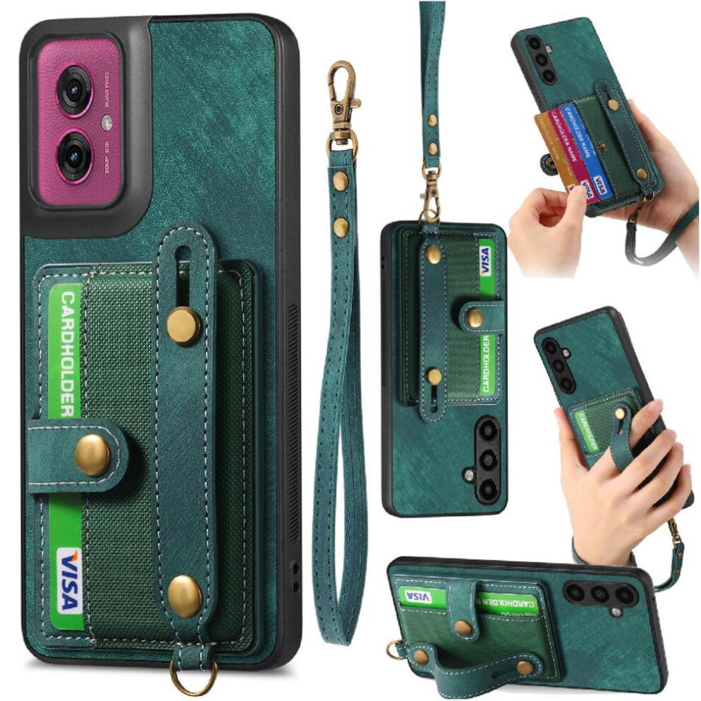 (Green) Case For Motorola Moto G55 Wristband Strap Wallet Shockproof Green 764563397228