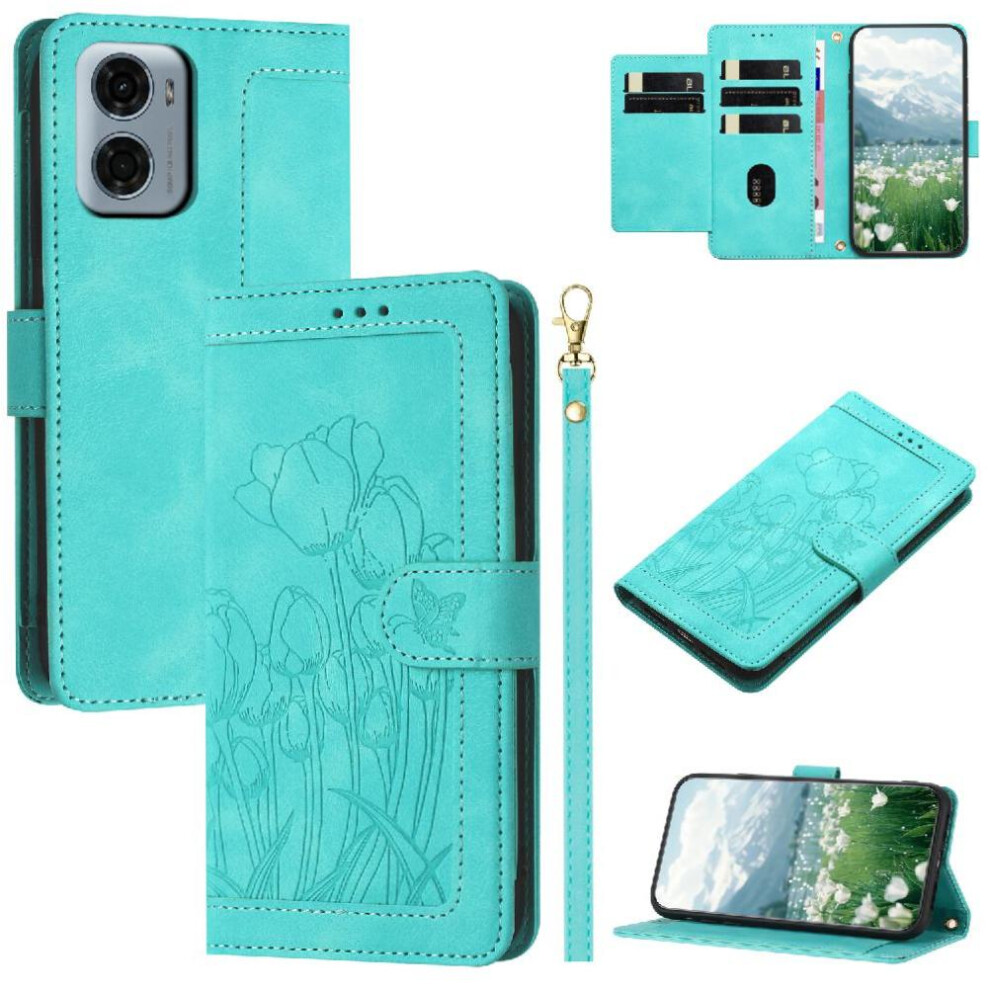 (Blue) Wallet Case For Motorola Moto G05 Kickstand Wrist Strap Pu Leather Tulip Embossed Flip Case Magnetic Closure Blue 764563398171