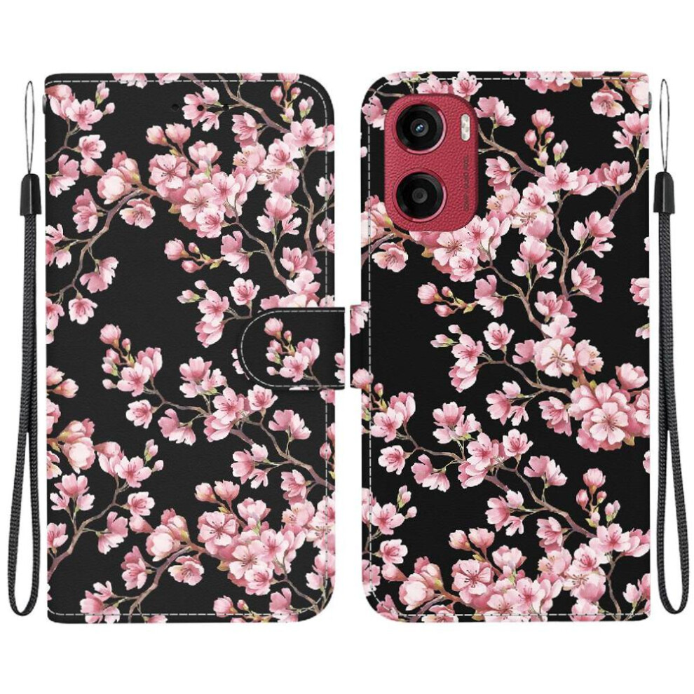 (C8 ) Flip Case For Motorola Moto E15 Pu Leather Magnetic Closure Wallet Card Slots Butterfly Flower Painted 764563399277