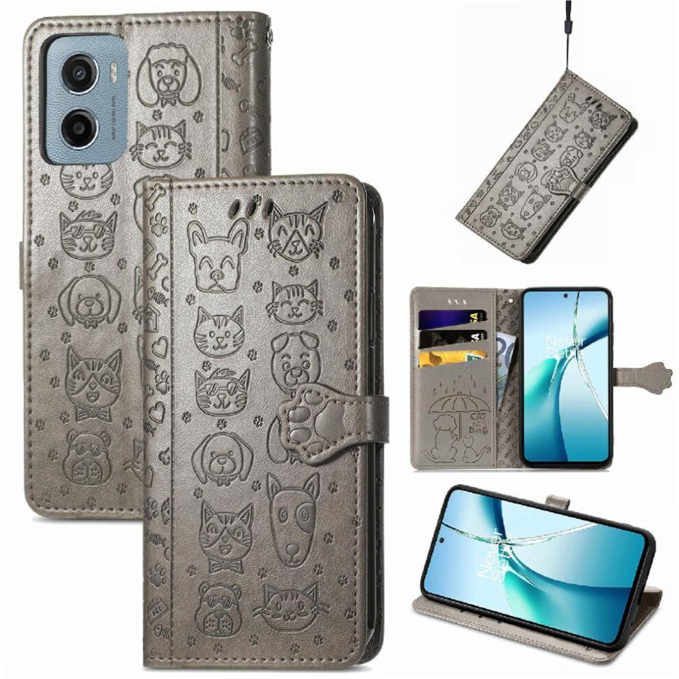 Photos - Case   for Motorola Moto G05 Shockproof Leather  Short Strap Cartoon Animals Flip Cover(Gray )
