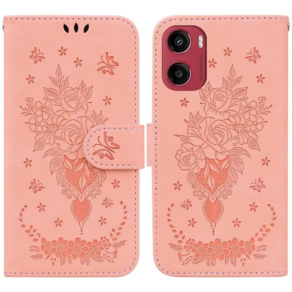 (Pink) Flip Case For Motorola Moto E15 Emboss Rose Flowers Card Slots Pu Leather Cover Wallet Case Kickstand Pink 764563400027