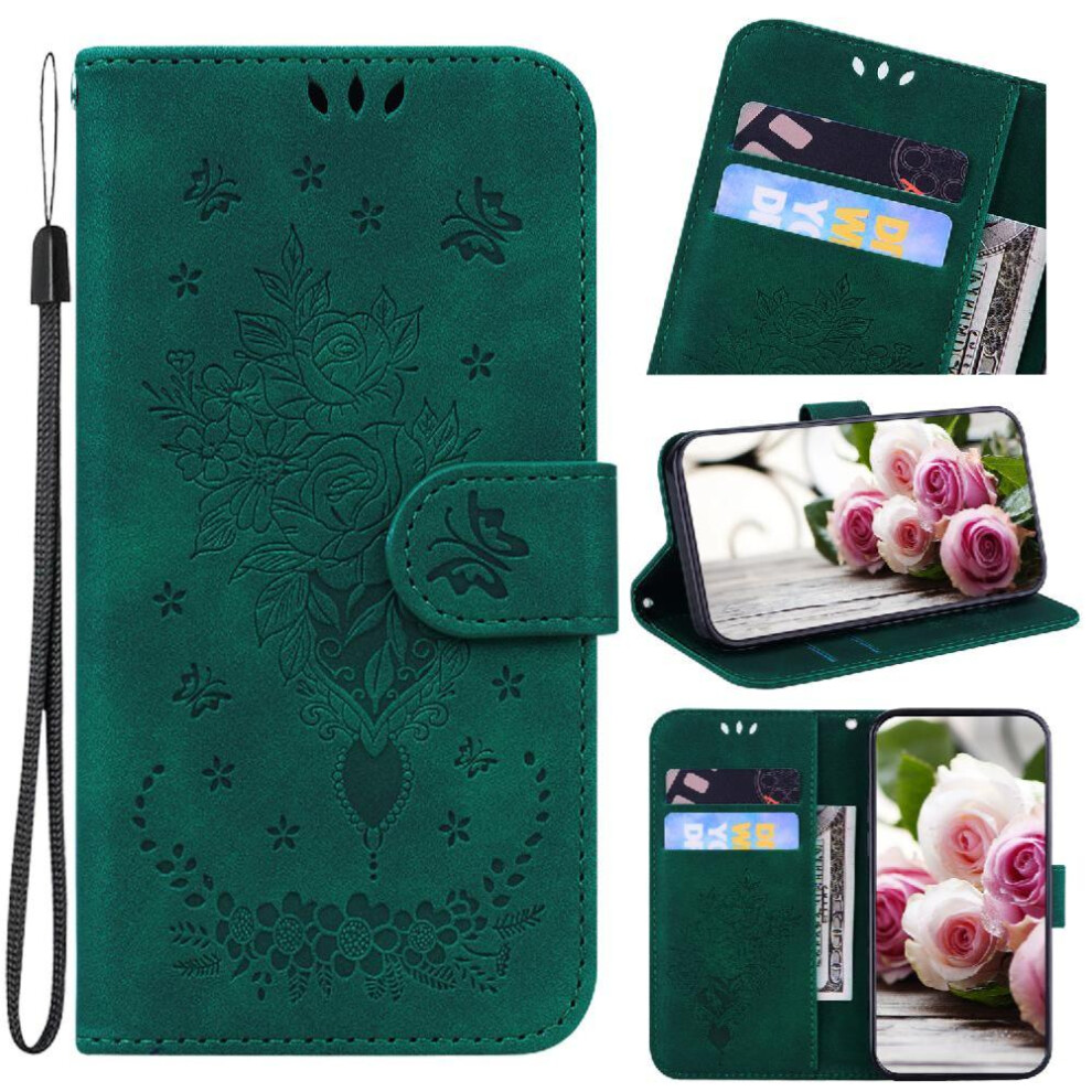 (Green) Flip Case For Motorola Moto E15 Emboss Rose Flowers Card Slots Pu Leather Cover Wallet Case Kickstand Green 764563399994