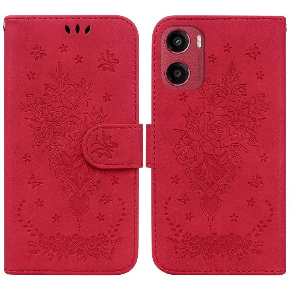 (Red) Flip Case For Motorola Moto G05 Kickstand Pu Leather Cover Wallet Case Emboss Rose Flowers Card Slots Red 764563400065
