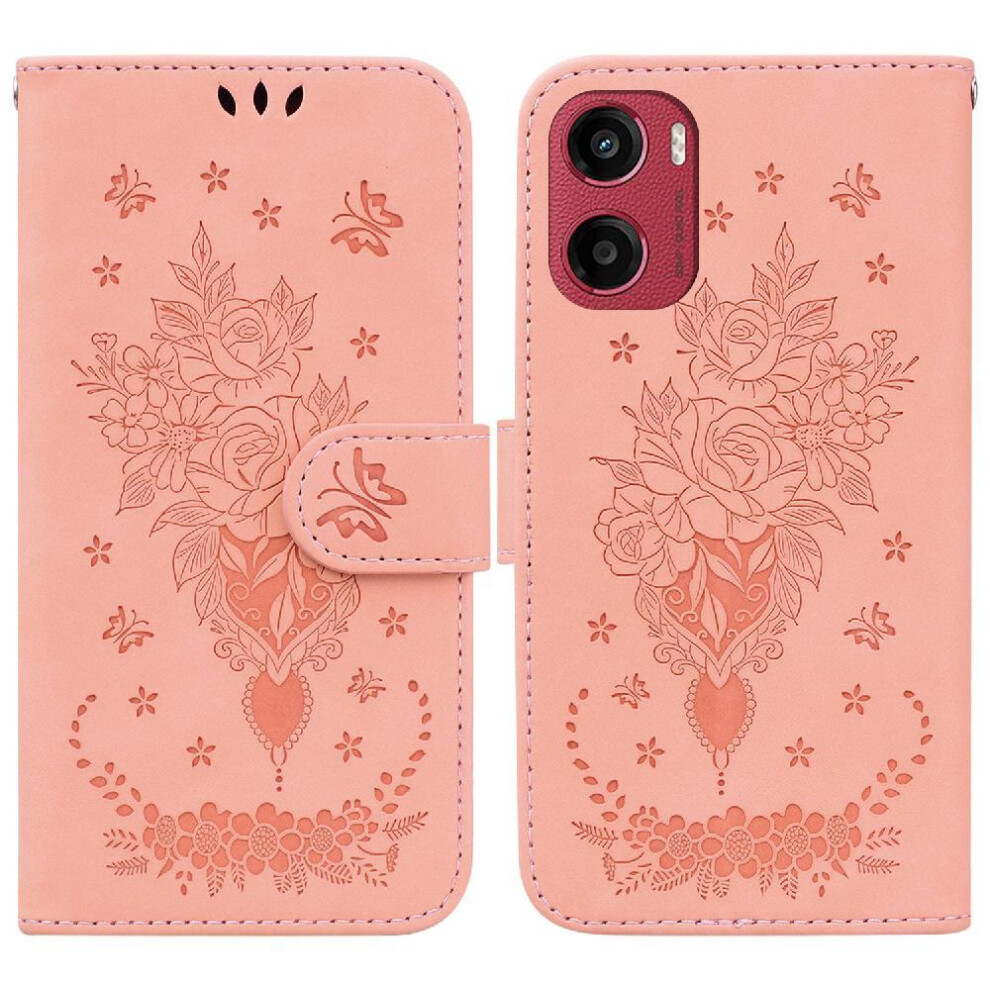 (Pink) Flip Case For Motorola Moto G05 Kickstand Pu Leather Cover Wallet Case Emboss Rose Flowers Card Slots Pink 764563400072