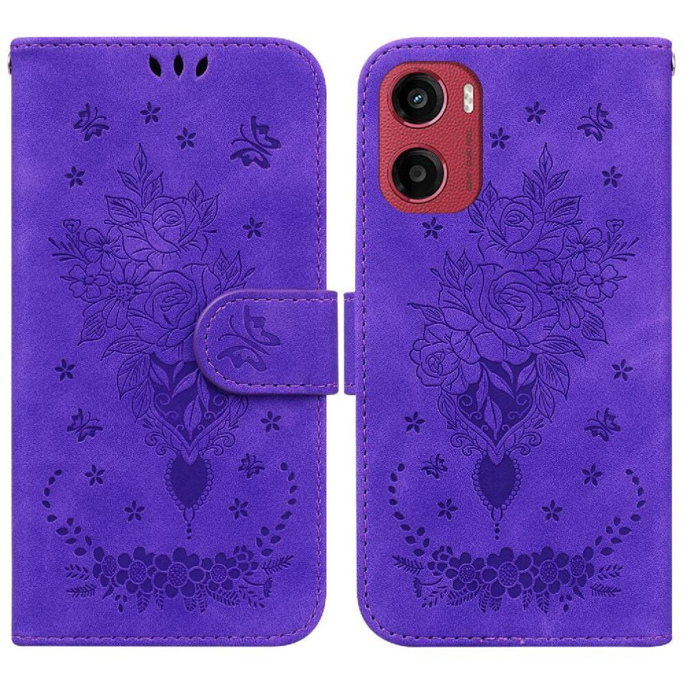 (Purple) Flip Case For Motorola Moto G05 Kickstand Pu Leather Cover Wallet Case Emboss Rose Flowers Card Slots Purple 764563400058