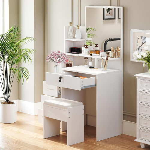 Dripex White Dressing Table Set with Mirror and Stool