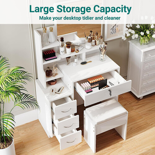 Dripex White Dressing Table Set with Mirror and Stool 2