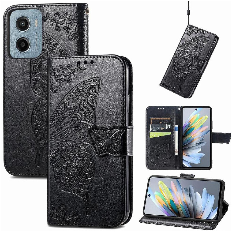 (Black) Flip Case For Motorola Moto G05 Wallet Multi-Color Butterfly Wing Business Black 764563400201
