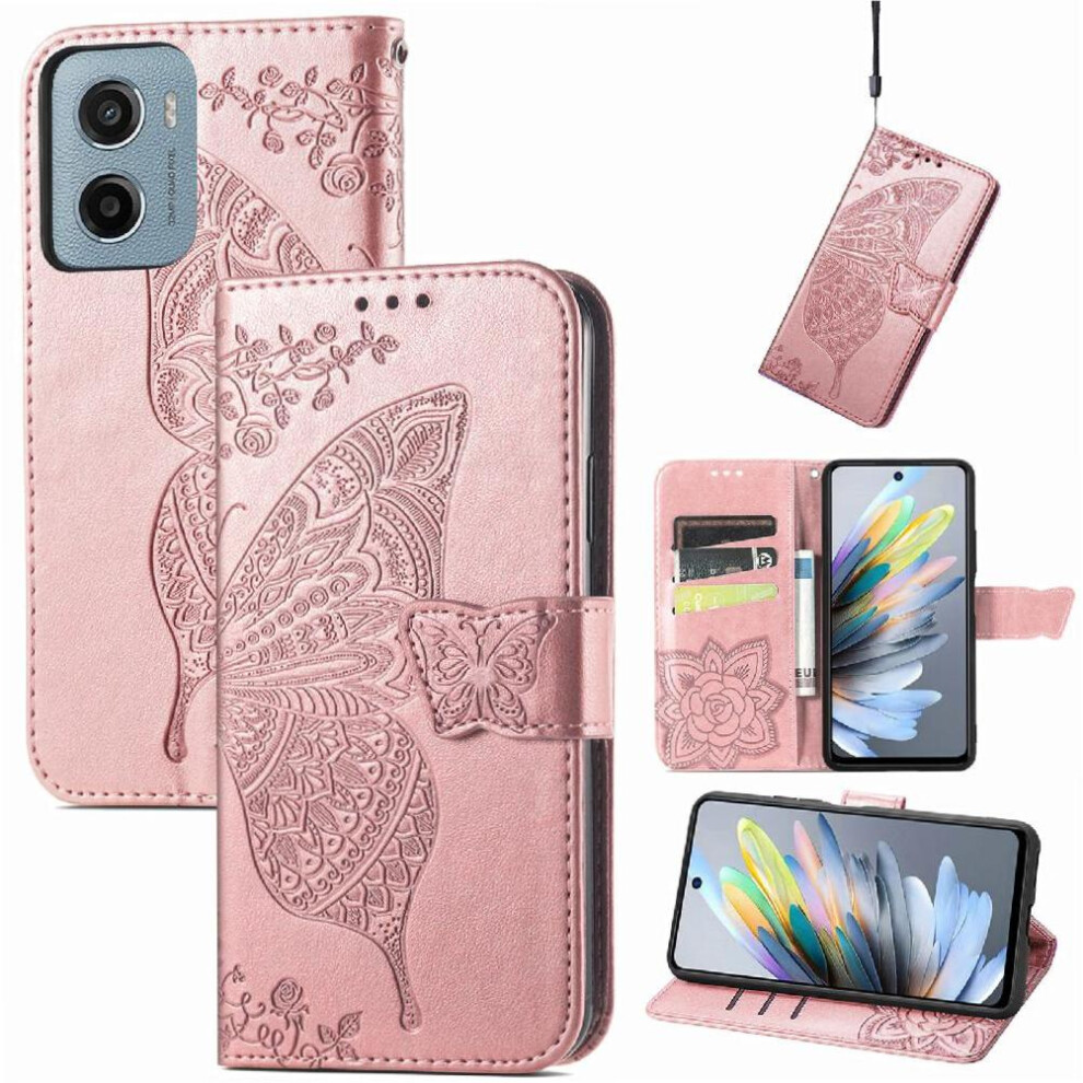 (Rose ) Flip Case For Motorola Moto E15 Multi-Color Wallet Wing Business Butterfly Gold 764563400331