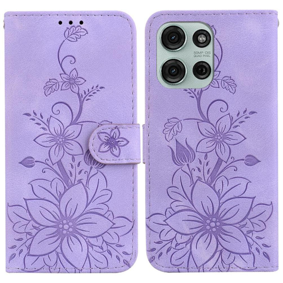 (Purple) Flip Case For Motorola Moto G75 5G Embossed Lily Kickstand Wallet Card Holder Magnetic Purple 764563400553