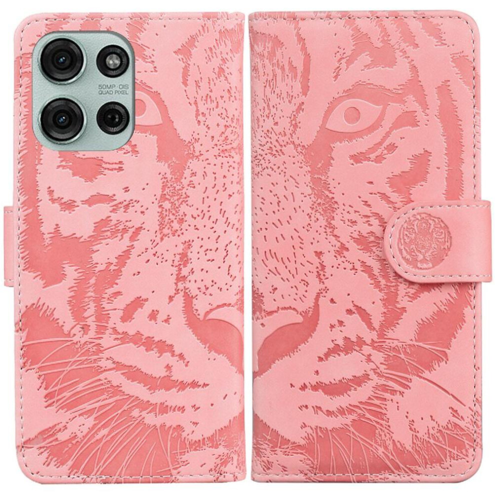 (Pink) Flip Case For Motorola Moto G75 5G Kickstand Protective Embossed Cute Tiger Leather Wallet Pink 764563401079