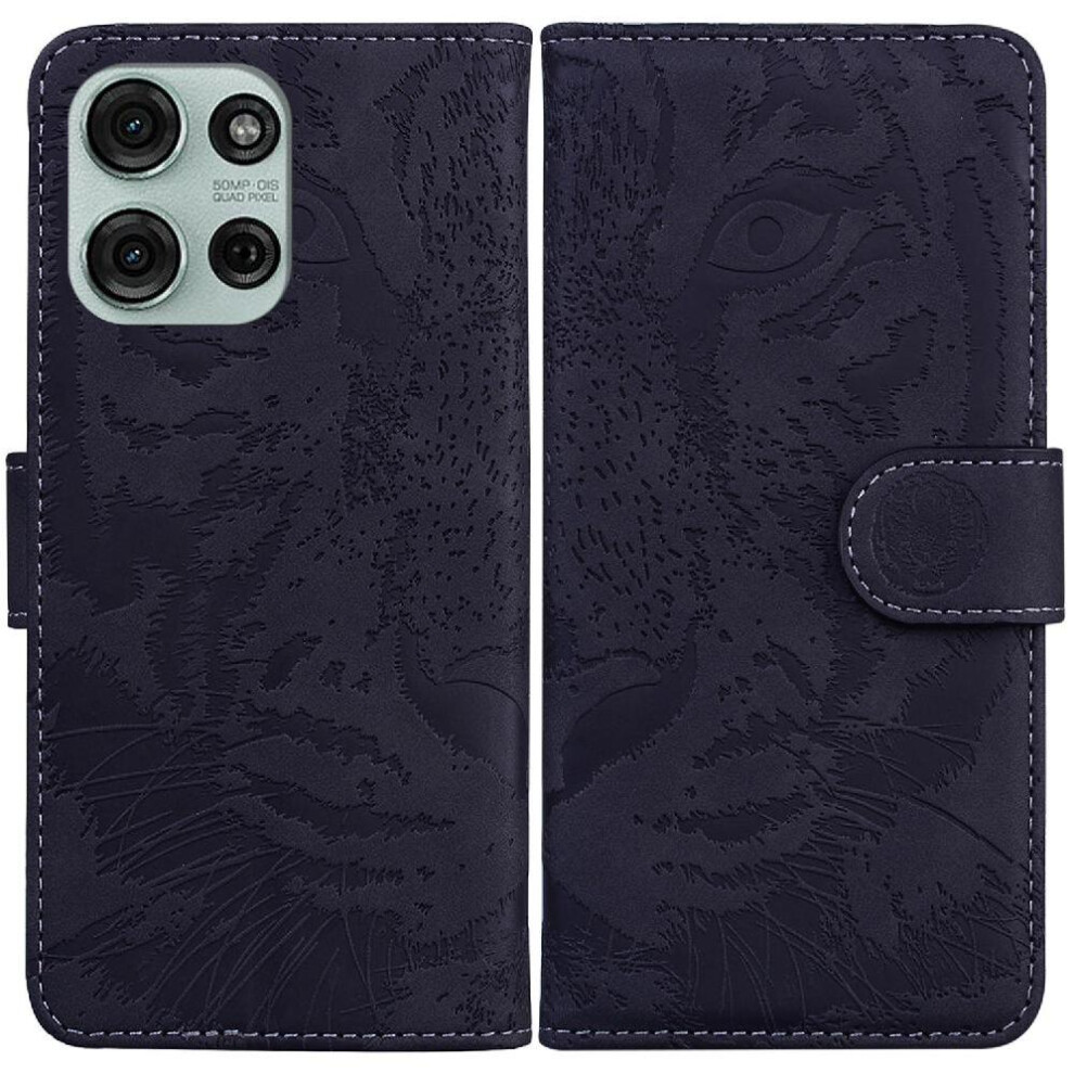 (Black) Flip Case For Motorola Moto G75 5G Kickstand Protective Embossed Cute Tiger Leather Wallet Black 764563401024