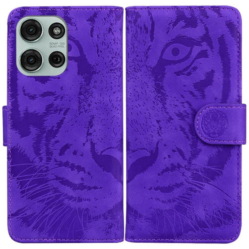 (Purple) Flip Case For Motorola Moto G75 5G Kickstand Protective Embossed Cute Tiger Leather Wallet Purple 764563401055