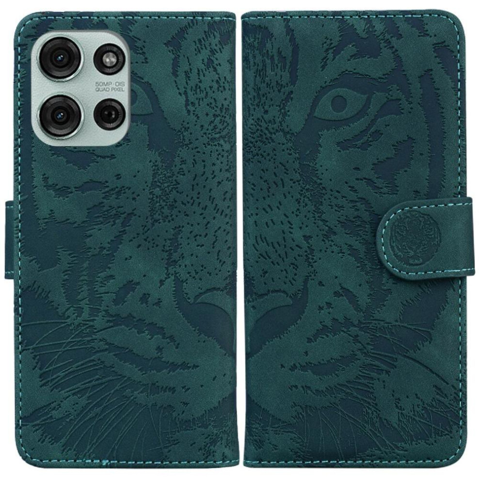 (Green) Flip Case For Motorola Moto G75 5G Kickstand Protective Embossed Cute Tiger Leather Wallet Green 764563401048