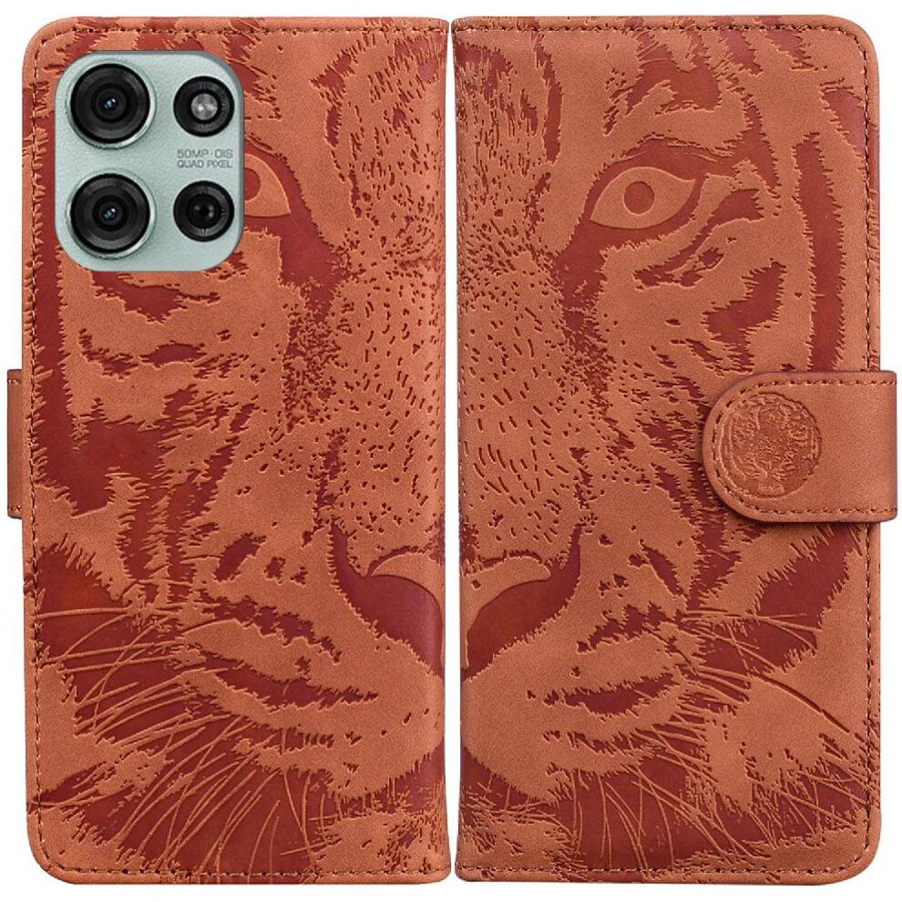 (Brown) Flip Case For Motorola Moto G75 5G Kickstand Protective Embossed Cute Tiger Leather Wallet Brown 764563401062