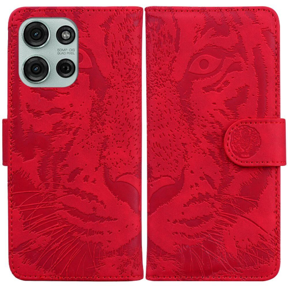 Photos - Case  Flip  for Motorola Moto G75 5g Kickstand Protective Embossed Cute Tiger Leather Wallet(Red)