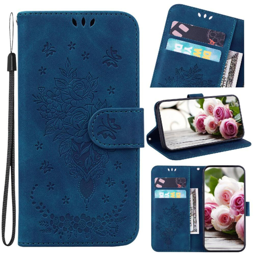 (Blue) Flip Case For Motorola Moto G75 5G Pu Leather Cover Wallet Case Card Slots Emboss Rose Flowers Kickstand Blue 764563401192