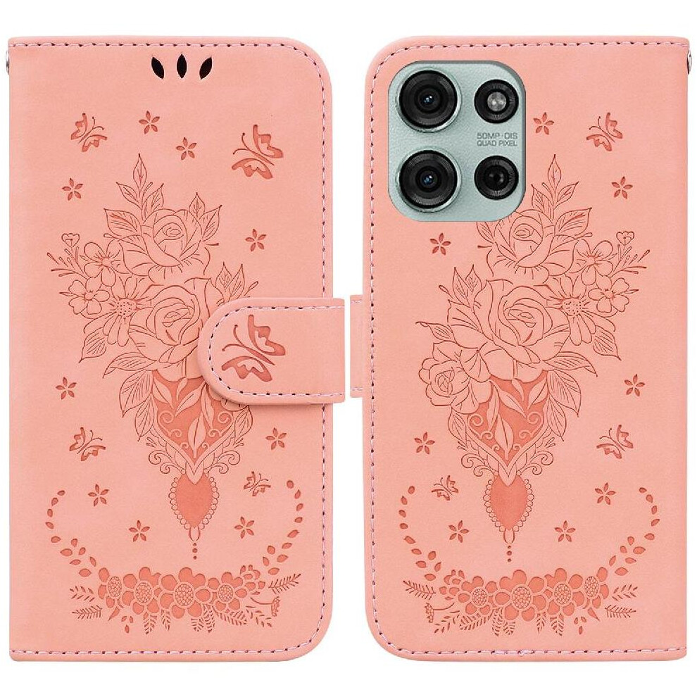 (Pink) Flip Case For Motorola Moto G75 5G Pu Leather Cover Wallet Case Card Slots Emboss Rose Flowers Kickstand Pink 764563401239