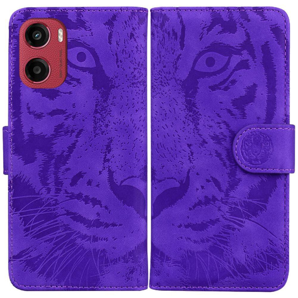 (Purple) Flip Case For Motorola Moto E15 Kickstand Protective Embossed Cute Tiger Leather Wallet Purple 764563401475